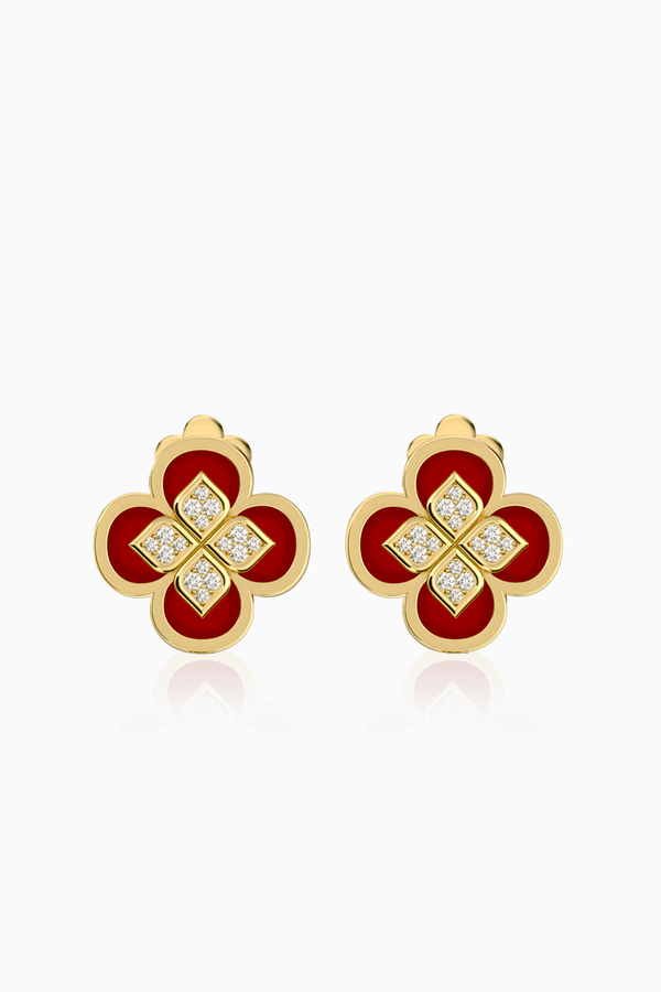 Fortuna Leaf Diamond Mini Stud Earrings with Red Agate